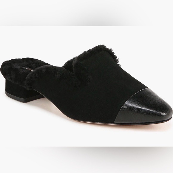 Veronica Beard Shoes - Veronica Beard Black Shearling-Trim Leather Cap-Toe Mules
